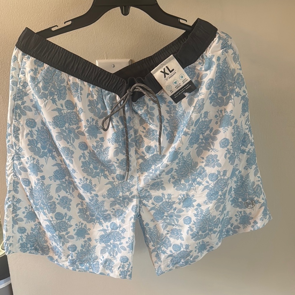 Hawke & Co Blue and White Hybrid Swim Shorts with Floral Design